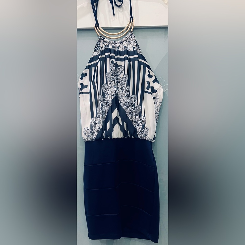 ALT B. Mini Halter Backless Dress Navy And White Size Small